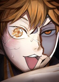 1boy a1hotetoku broken_mask crack cracked_kawaii_mask double-parted_bangs empty_eyes haikyuu!! highres hinata_shouyou male_focus mask mismatched_eyes open_mouth orange_eyes orange_hair portrait sanpaku solo sparkling_eyes teeth tongue upper_teeth_only