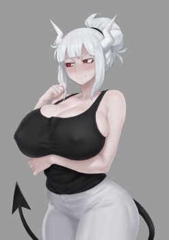 1girl absurdres angry arm_under_breasts bare_shoulders blush breasts commentary covered_erect_nipples demon demon_girl demon_horns demon_tail english_commentary grey_background grey_pants helltaker highres horns large_breasts looking_to_the_side lucifer_(helltaker) meruzis mole mole_under_eye pants red_eyes tail white_hair white_horns