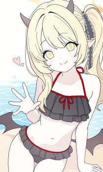 Rule 34 | 1girl, absurdres, alternate costume, arm support, beach, bikini, black bikini, black horns, black wings, blonde hair, blue archive, commentary, demon girl, demon horns, demon wings, dot nose, eyelashes, flat chest, frilled bikini, frills, front-tie bikini top, front-tie top, hair intakes, halo, halterneck, heart, highres, horns, ibuki (blue archive), korean commentary, looking at viewer, low wings, navel, palms, pointy ears, sheung, side ponytail, sidelocks, sitting, slit pupils, smile, solo, spread fingers, swimsuit, thighs, water, wings, yellow eyes, yellow halo
