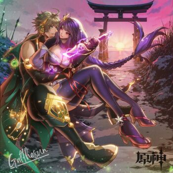 1boy 1girl abstract_background ahoge alhaitham_(genshin_impact) ancient_egyptian_clothes anklet architecture artist_name bare_shoulders bite_mark bite_mark_on_breast black_tank_top blunt_bangs boots braid breasts bridal_gauntlets capelet chinese_text cleavage cloud cloudy_sky collared_capelet couple dawn drawing_sword east_asian_architecture electricity floating floating_hair flower friends from_side full_body galthesun genshin_impact glowing green_capelet green_eyes grey_hair hair_floating_upwards hair_flowing_over hair_ornament hair_ribbon head_tilt headpiece hetero hickey holding holding_sword holding_weapon hug hug_from_behind huge_ahoge huge_breasts human_scabbard japanese_clothes jewelry katana kimono leaning_back leaning_on_person light_particles long_braid long_hair looking_at_another looking_to_the_side mitsudomoe_(shape) mixed-language_commentary multicolored_hair muscular muscular_male musou_isshin_(genshin_impact) neck_ribbon off_shoulder outdoors pants parted_lips pink_lips powering_up purple_flower purple_kimono purple_ribbon purple_sky purple_thighhighs raiden_shogun red_ribbon red_sash ribbon sash shade shirt short_hair signature single_braid sky sleeveless sleeveless_shirt streaked_hair sun sunset sword sword_between_breasts tank_top teeth thighhighs thighs tomoe_(symbol) vision_(genshin_impact) weapon