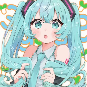 1girl :o bare_shoulders black_sleeves blue_eyes blue_hair blue_nails blue_necktie blush collared_shirt commentary crossed_bangs detached_sleeves dot_nose grey_shirt hachimiya_mumu hatsune_miku highres holding holding_own_hair long_hair long_sleeves nail_polish necktie number_tattoo open_mouth shirt shoulder_tattoo sleeveless sleeveless_shirt solo sparkle spring_onion symbol-only_commentary tattoo twintails upper_body vocaloid