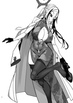 1girl absurdres acc_(rwva4427) adjusting_clothes adjusting_shoe blue_archive breasts china_dress chinese_clothes cleavage cleavage_cutout clothing_cutout coat coat_on_shoulders covered_navel dress gloves greyscale halo high_heels highres kai_(blue_archive) lab_coat large_breasts long_hair monochrome multicolored_hair solo split-color_hair thighhighs tree_print twintails two-tone_hair