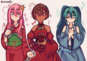 3girls akujiki_musume_conchita_(vocaloid) aqua_eyes aqua_hair bags_under_eyes banica_conchita bare_shoulders black_choker black_corset blue_dress blue_eyes blush_stickers bone breasts brooch brown_eyes brown_hair choker clothing_cutout corset cup dark-skinned_female dark_skin detached_sleeves dress drinking_glass empty_eyes enbizaka_no_shitateya_(vocaloid) evil_eyes evillious_nendaiki exhausted flower frilled_dress frills gem glass_of_conchita green_gemstone green_sash hair_between_eyes hair_flower hair_ornament hand_on_own_hip hands_on_own_chest hatsune_miku heart highres holding holding_cup holding_scissors japanese_clothes jewelry kanzashi kimono large_breasts manque margarita_blankenheim megurine_luka meiko_(vocaloid) messy_hair multiple_girls needle nemurase_hime_kara_no_okurimono_(vocaloid) obi one_eye_closed pale_skin pink_hair red_dress red_flower red_kimono red_rose red_sleeves ribbon-trimmed_sleeves ribbon_trim rose sash scissors sewing_needle short_hair shoulder_cutout sidelocks small_breasts smile songover sudou_kayo twin_blades_of_levianta twintails vessel_of_sin vocaloid wide_sleeves wine_glass zzz