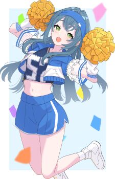 1girl absurdres bare_legs blue_hairband blue_shorts blush cheerleader commentary_request confetti cropped_jacket cropped_shirt gakuen_idolmaster green_eyes green_hair hairband highres holding holding_pom_poms idolmaster jumping long_hair looking_at_viewer midriff navel nigari_chance pom_pom_(cheerleading) pom_poms shoes shorts side_slit side_slit_shorts smile solo stomach tsukimura_temari very_long_hair white_shoes