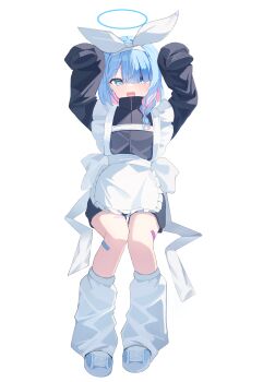 Rule 34 | 1girl, absurdres, alternate costume, apron, arms up, arona (blue archive), bandaid, bandaid on leg, black jacket, blue archive, blue eyes, blue hair, blue halo, blush, braid, colored inner hair, commentary, frilled apron, frills, full body, hair over one eye, hairband, halo, highres, jacket, knees together feet apart, long sleeves, looking at viewer, loose socks, maid, maid apron, multicolored hair, open mouth, pink hair, shoes, short hair, simple background, single braid, sitting, sleeves past fingers, sleeves past wrists, sneakers, socks, solo, su-hwan, two-tone hair, unconventional maid, untranslatable commentary, white apron, white background, white hairband, white socks