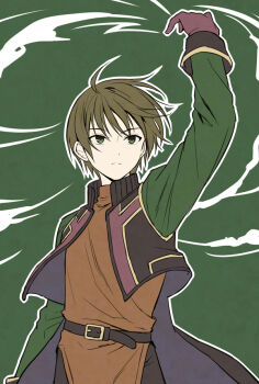 Rule 34 | 1boy, arm up, belt, belt buckle, black belt, black jacket, black pants, brown gloves, brown hair, brown shirt, buckle, closed mouth, gensou suikoden, gloves, green background, green eyes, jacket, long sleeves, luc (suikoden), male focus, mauve, open clothes, open jacket, outline, pants, shirt, simple background, solo, white outline