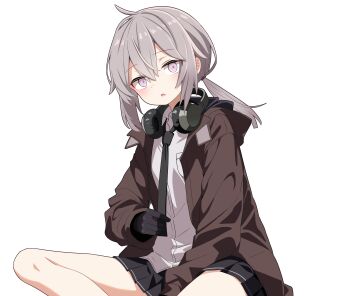 1girl absurdres bare_legs black_gloves black_necktie black_skirt blush brown_hair brown_jacket curious girls&#039;_frontline gloves hair_between_eyes headphones headphones_around_neck highres hood hooded_jacket jacket long_hair m200_(girls&#039;_frontline) miniskirt necktie open_clothes open_jacket pink_eyes pleated_skirt purple_eyes shirt sitting skirt solo staring white_shirt yukari_(mzzu7342)