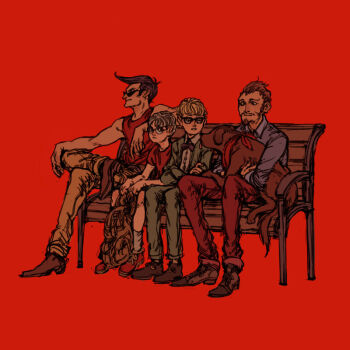 4boys animal animal_on_lap backpack bag bench black_hair blonde_hair boney bow bowtie brown_hair crossed_arms crossed_legs dog duster_(mother) facial_hair formal_clothes glasses goatee hand_on_own_knee holding_animal holding_dog jeff_andonuts kurkoboltsi lloyd_(mother) mother_(series) mother_1 mother_2 mother_3 multiple_boys muscular muscular_male nintendo on_lap red_background scarf second-party_source shirt shoes shorts sitting sneakers socks suit sunglasses t-shirt tank_top teddy_(mother) unworn_backpack unworn_bag white_hair