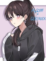Rule 34 | 1girl, bang dream!, bang dream! it&#039;s mygo!!!!!, black hoodie, blush, brown hair, closed mouth, commentary, hair between eyes, highres, hood, hood down, hoodie, jewelry, lone nape hair, long hair, looking at viewer, mole, mole under eye, nanami (nunnun 0410), necklace, official alternate costume, ponytail, purple eyes, shiina taki, solo, upper body