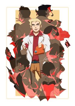 3girls 5boys :d absurdres artist_name beard belt breasts cccacademia compass egg facial_hair fennel_(pokemon) flower gen_2_pokemon hair_flower hair_ornament hair_up highres holding holding_poke_ball jewelry lab_coat medium_breasts multiple_boys multiple_girls mustache necklace nintendo open_mouth poke_ball pokedex pokemon pokemon_(anime) pokemon_(classic_anime) pokemon_bw pokemon_dppt pokemon_egg pokemon_gsc pokemon_rse pokemon_xy professor_birch professor_elm professor_ivy professor_juniper professor_oak professor_rowan professor_sycamore red_shirt shirt short_hair smile trait_connection unown unown_n