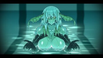 arthropod_girl black_sclera breasts colored_sclera commentary dripping english_commentary extra_arms fang fluff green_eyes green_hair highres indie_virtual_youtuber insect_girl juniper_actias large_breasts long_hair moth_girl nude pointy_ears pool skin_fang virtual_youtuber water wet white_hair xkindredkinesis