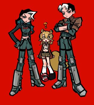 1boy 2girls bat_signal batman_(series) batman_symbol black_bodysuit black_gloves black_hair blue_eyes bodysuit dc_comics dual_persona genderswap genderswap_(mtf) gloves grey_bodysuit highres jason_todd multicolored_bodysuit multicolored_hair multiple_girls muscular muscular_male oc_x_canon open_clothes original pants red_hood_(dc) red_hood_and_the_outlaws rfnyn17381 short_hair superhero_costume taut_bodysuit two-tone_bodysuit