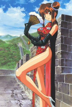 1990s_(style) 1girl bare_legs black_gloves brown_hair china china_dress chinese_clothes day double_bun dress elbow_gloves floral_print folding_fan gloves great_wall_of_china hair_bun hand_fan high_heels highres holding holding_fan long_hair looking_at_viewer nanako_kaitai_shinsho non-web_source official_art outdoors pelvic_curtain pump red_dress red_eyes retro_artstyle scan shichigusa_nanako sidelocks sleeveless sleeveless_dress solo standing white_footwear yamashita_toshinari