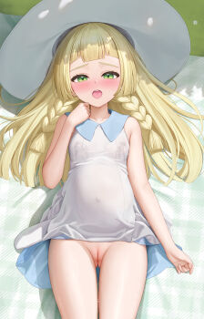 1girl :o absurdres bare_arms blonde_hair blunt_bangs blush braid breasts cleft_of_venus covered_navel cowboy_shot dakimakura_(medium) dress full_cleft green_eyes hat highres keine09 lactation lactation_through_clothes lillie_(pokemon) loli long_hair looking_at_viewer lying nintendo on_back pokemon pokemon_sm pregnant pregnant_loli pussy sleeveless sleeveless_dress small_breasts solo sun_hat tongue tongue_out twin_braids white_dress white_hat
