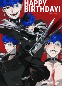 1boy armband belt_collar black_boots black_choker black_eyeshadow black_hair black_haori black_jacket black_kimono black_pants black_roots blue_eyes blue_hair blush boots choker collar commentary_request drooling dual_wielding earrings english_text evil_grin evil_smile eye_print eyeliner eyepatch eyeshadow face_piercing facial_hair facial_mark fingernails forehead_mark gakuran gloves grin haori happy_birthday highres holding holding_knife jacket japanese_clothes jewelry kimono knife labret_piercing last_defense_academy_school_uniform looking_at_viewer makeup male_focus mikuroron multicolored_hair multiple_views omokage_yugamu pants piercing print_eyepatch red_background red_eyeliner ring scar scar_on_chest school_uniform sharp_fingernails short_hair smile the_hundred_line_-last_defense_academy- tongue tongue_out twitter_username weapon white_armband white_gloves