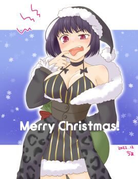 Rule 34 | 1girl, animal print, black dress, black hair, black hat, blush, breasts, chima (iccachima), cleavage, commentary request, cowboy shot, dated, dress, fur-trimmed dress, fur trim, grey sash, hat, highres, holding, holding sack, large breasts, leopard print, long sleeves, looking at viewer, merry christmas, mouth pull, open mouth, purple eyes, ragnarok masters, ragnarok online, sack, santa hat, shadow chaser (ragnarok online), short hair, snowflakes, solo, striped clothes, striped dress, v-shaped eyebrows, vertical-striped clothes, vertical-striped dress