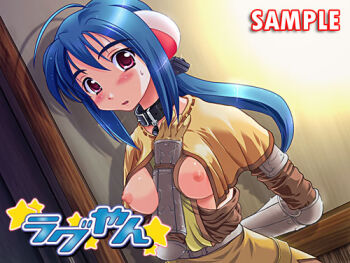 1girl 2000s_(style) ahoge arm_behind_back bad_id bdsm belt_collar blue_hair blush breasts breasts_out brown_capelet brown_shirt brown_skirt capelet collar comiket_64 commentary_request gauntlets indoors long_hair long_sleeves looking_at_viewer low_ponytail lowres medium_breasts nipples no_bra open_mouth ponytail ragnarok_online red_eyes sample_watermark shirt skirt slave solo star_(symbol) swordsman_(ragnarok_online) upper_body utsugi_tsuguha watermark