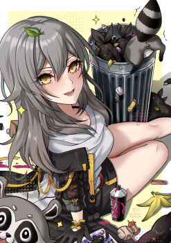 1girl black_gloves black_jacket black_skirt blush breasts commentary english_commentary galactic_baseballer_(honkai:_star_rail) gloves grey_hair highres honkai:_star_rail honkai_(series) jacket long_hair long_sleeves looking_at_viewer medium_breasts pencil_skirt raccoon ryuuneart shirt skirt smile solo stelle_(honkai:_star_rail) trailblazer_(honkai:_star_rail) trash trash_can white_shirt yellow_eyes