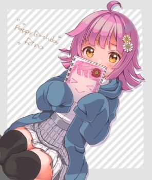 &gt;_&lt; 1girl :&gt; ahoge black_thighhighs blue_jacket blunt_bangs blush checkered_clothes checkered_skirt commentary dot_nose eyelashes flower grey_background grey_skirt hair_flower hair_ornament happy_birthday holding holding_sketchbook hood hooded_jacket izumi_kirifu jacket kishimen_hair long_sleeves looking_at_viewer love_live! love_live!_nijigasaki_high_school_idol_club nijigasaki_school_uniform open_clothes open_jacket pink_hair rina-chan_board school_uniform seiza shirt short_hair sidelocks sitting sketchbook skirt sleeves_past_fingers sleeves_past_wrists solo star_(symbol) striped_background tennoji_rina thighhighs thighs white_shirt winter_uniform yellow_eyes zettai_ryouiki