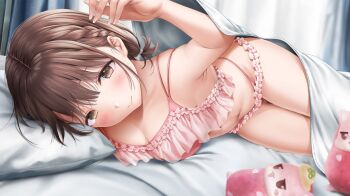 1girl artist_request blush bra braid breasts brown_eyes brown_hair closed_mouth commentary_request lingerie looking_at_viewer lying medium_breasts navel on_bed on_side panties pillow pink_bra pink_panties seifuku_kanojo short_hair smile solo tamayori_himari underwear
