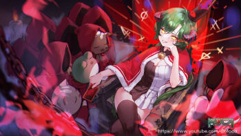 1girl bell blush breasts card chain cleavage cloak clock commentary_request crossed_legs cult_of_the_lamb dress feet_out_of_frame green_hair highres holding holding_card indie_virtual_youtuber kokko_(kokko3045) korean_commentary long_hair looking_at_viewer medium_breasts mochahyeong red_cloak sitting smile two-tone_dress yellow_eyes