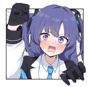 1girl aoto_mei black_gloves black_jacket blue_archive gloves halo jacket purple_hair shirt simple_background solo twintails twitter upper_body white_background white_shirt yuuka_(blue_archive)