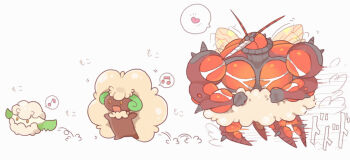 1boy afterimage akadako antennae arthropod_boy black_eyes blank_eyes buzzwole clenched_hands colored_skin cottonee disguise fluffy full_body gen_5_pokemon gen_7_pokemon happy heart insect_wings japanese_text motion_lines muscular muscular_male musical_note nintendo one-hour_drawing_challenge orange_wings pokemon pokemon_(creature) proboscis red_skin running simple_background speech_bubble spikes spoken_heart spoken_musical_note translation_request ultra_beast whimsicott white_background wings