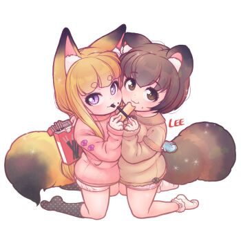 2girls :3 animal_ear_fluff animal_ears black_socks blonde_hair blush brown_eyes brown_hair brown_sweater cheek-to-cheek eating face-to-face feeding food fox_ears fox_girl fox_tail heads_together kneeling komugi_(lee) lee_(colt) long_hair miku_(lee) multiple_girls no_shoes original pink_eyes pink_shorts pink_sweater pocky pocky_day raccoon_ears raccoon_girl raccoon_tail short_hair shorts slit_pupils smile socks sweater tail white_shorts white_socks