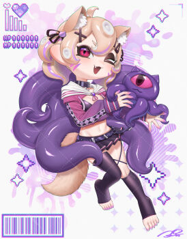 1girl ahoge animal_collar animal_ear_fluff animal_ears belt black_bra black_collar black_ribbon black_skirt black_thighhighs blonde_hair bra breasts cat_hair_ornament chromatic_aberration cleavage collar colored_extremities commentary commission creature extra_ears facial_mark fang fingernails full_body hair_ornament hair_ribbon health_bar highres holding holding_creature hood hood_down hooded_shrug long_sleeves medium_hair midriff miniskirt multicolored_hair navel nintendo octoling octoling_girl octoling_player_character one_eye_closed open_mouth pink_eyes pink_hair pink_shrug pleated_skirt puchiman purple_belt ribbon sharp_fingernails sharp_toenails shrug_(clothing) signature skirt small_breasts smile solo splatoon_(series) streaked_hair symbol-only_commentary tentacle_hair tentacles thighhighs toeless_legwear toenails two-tone_hair underwear watermark watermark_grid whisker_markings x_hair_ornament