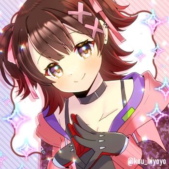 1girl black_gloves blush bow breasts brown_eyes brown_hair cleavage closed_mouth collarbone commentary_request ear_piercing earrings gloves hair_bow hair_ornament hololive hood hood_down hooded_jacket jacket jewelry kou_hiyoyo medium_breasts open_clothes open_jacket piercing pink_bow pink_jacket pixelated roboco-san roboco-san_(open_pink_hoodie) smile solo sparkle steepled_fingers stud_earrings twitter_username two_side_up upper_body virtual_youtuber x_hair_ornament