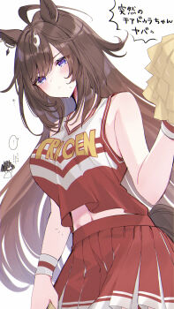 2girls absurdres ahoge animal_ears bare_arms bare_shoulders black_hair blush breasts brown_hair cheerleader closed_eyes closed_mouth commentary_request duramente_(umamusume) highres holding holding_pom_poms horse_ears horse_girl horse_tail kitasan_black_(umamusume) large_breasts long_hair multiple_girls navel pom_pom_(cheerleading) pom_poms purple_eyes red_shirt red_skirt shirt skirt sleeveless sleeveless_shirt sweat tail tetora_(oudonoishiize) two_side_up umamusume
