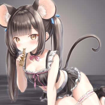 1girl animal_ear_fluff animal_ears artist_name bed_sheet black_choker black_hair black_shoes blue_ribbon blunt_bangs choker cola commentary_request crop_top dated extra_ears fluno frilled_skirt frilled_thigh_strap frills hair_ribbon highres indoors legs_together long_hair microskirt mouse_ears mouse_girl mouse_tail original ribbon shoes sidelocks skirt solo tail thigh_strap twintails