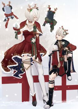 1boy 1girl 2b_(nier:automata) 9s_(nier:automata) animal_ears antlers asymmetrical_gloves black_boots black_gloves black_shorts blue_eyes boots breasts capelet choker christmas christmas_ornaments cleavage commentary deer_ears dress english_commentary fake_animal_ears flower full_body fur-trimmed_capelet fur-trimmed_gloves fur_trim gloves green_ribbon green_scarf grey_hair high_heel_boots high_heels highres horns jacket knee_boots knee_up leg_ribbon light_blush looking_at_another medium_breasts mini_christmas_tree mitsuki_nite nier:automata nier_(series) open_mouth pod_(nier:automata) red_capelet red_choker red_dress red_gloves red_jacket red_scarf reindeer_antlers ribbon scarf short_dress short_hair shorts sitting standing thigh_boots thigh_ribbon white_boots white_flower