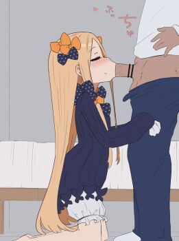 1boy 1girl abigail_williams_(fate) animated animated_gif bar_censor black_dress blonde_hair bloomers blush bow censored closed_eyes dress erection fate/grand_order fate_(series) fellatio hair_bow heart kneeling loli long_hair mz_(ltge3238) oral pants penis shirt ugoira underwear white_bloomers