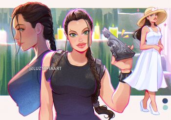 1girl artist_name black_tank_top braid braided_ponytail breasts brown_hair dress green_eyes hat high_heels lara_croft luztapiaart medium_breasts multiple_views shoes tank_top tomb_raider watermark white_dress white_shoes
