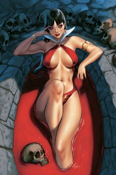 1girl armlet bath bath_of_blood bathing black_hair blood bra bracelet breasts collar earrings elias_chatzoudis eyeshadow gold_armlet gold_bracelet highres jewelry large_breasts long_hair looking_at_viewer makeup navel panties purple_eyeshadow red_bra red_eyes red_lips red_panties signature skull solo underwear vampirella vampirella_(character) white_collar