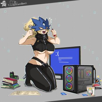 1girl :d alternate_hairstyle ankle_gun bare_shoulders beelstarmon belt belt_collar black_belt black_mask black_pants black_vest blonde_hair blue_screen_of_death blueprint_(object) book boots breasts closed_eyes collar commentary computer computer_tower cropped_vest instant_cup_noodles dclaret digimon digimon_(creature) english_commentary eye_mask full_body groin high_heel_boots high_heels highres holding holding_screwdriver holding_wrench instant_noodles kneeling kuramon large_breasts leather leather_pants long_hair mask monitor monster_energy navel no_jacket notice_lines open_mouth pants ponytail screwdriver shadow sidelocks smile solo_focus stomach teeth third_eye tight_clothes tight_pants trading_card twitter_username underboob vest wrench zipper