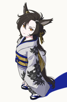 Rule 34 | 1girl, absurdres, air shakur (umamusume), animal ears, asymmetrical bangs, black hair, closed mouth, eyebrow piercing, face piercing, flat chest, floral print, furisode, grey kimono, hair bun, hair ornament, hair stick, highres, horse ears, horse girl, japanese clothes, kimono, long hair, long sleeves, looking at viewer, looking up, obi, orange eyes, piercing, samedonburi, sandals, sash, shadow, simple background, socks, solo, tabi, umamusume, white socks, wide sleeves