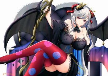 1girl absurdres black_dress breasts bug butterfly cleavage closed_mouth crossed_legs demon_girl demon_wings dress fire_emblem fire_emblem_heroes floral_print freyja_(fire_emblem) freyja_(parallel_hearts)_(fire_emblem) goat_horns grey_hair halloween halloween_costume highres holding holding_staff horns huge_breasts insect long_hair looking_at_viewer mizumura_(midu_mura) nintendo official_alternate_costume red_eyes red_nails red_thighhighs rose_print sitting smile solo staff thick_thighs thighhighs thighs twitter_username very_long_hair white_background wings