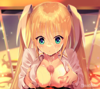 1boy 1girl aqua_eyes blonde_hair blurry blurry_background blush breasts censored classroom cleavage commentary_request commission cum cum_on_body cum_on_breasts cum_on_upper_body downturned_eyes dress_shirt dusk eyes_visible_through_hair facial grabbing_own_breast hair_between_eyes hair_ribbon hetero indoors large_breasts light_particles little_busters! long_hair long_sleeves looking_down mosaic_censoring nipples open_clothes open_mouth open_shirt paizuri penis ribbon sabi_(sabilder) shirt sidelighting skeb_commission solo_focus straight_hair tokido_saya twitter_username two_side_up upper_body variant_set very_long_hair white_ribbon white_shirt