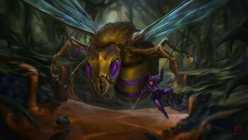 Rule 34 | 1girl, antennae, armor, battle, bee, bee wings, blurry, blurry background, bohrokki, boss fight, bug, dripping, flying, full armor, full body, gameplay mechanics, giant, giant monster, grappling hook, gun, helmet, highres, holding, holding weapon, honey, insect, insect wings, jungle, leaf, monster, motion blur, nature, plant, player character (terraria), pump action, purple eyes, queen bee, queen bee (terraria), rock, scenery, shotgun, smoke, smoking barrel, terraria, tree, underground, vines, weapon, wings