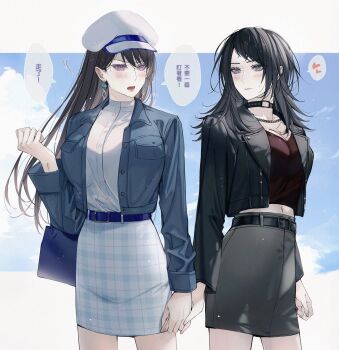 Rule 34 | 2girls, bang dream!, bang dream! it's mygo!!!!!, belt, black belt, black choker, black hair, black jacket, black skirt, blackfangs, blue bag, blue belt, blue jacket, blush, breasts, chinese commentary, chinese text, choker, cleavage, closed mouth, commentary request, dress shirt, earrings, grey eyes, hat, highres, holding hands, jacket, jewelry, large breasts, long sleeves, medium hair, mole, mole under eye, multiple girls, navel, open clothes, open jacket, open mouth, plaid clothes, plaid skirt, purple eyes, red shirt, shiina taki, shirt, skirt, translation request, white hat, white shirt, white skirt, yahata umiri, yuri