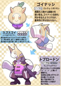 3others :> absurdres checkered_background evolutionary_line fakemon highres katwo multiple_others narita_top_road_(umamusume) nintendo no_humans official_style parody pokemon pokemon_(creature) style_parody umamusume yellow_eyes