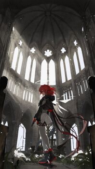 Rule 34 | absurdres, angel wings, arknights, black boots, black jacket, boots, exusiai (arknights), exusiai the new covenant (arknights), halo, highres, jacket, looking at viewer, looking to the side, nnikigoma, official alternate costume, official alternate hair length, official alternate hairstyle, red hair, shirt, thighhighs, thighs, white shirt, white thighhighs, wings