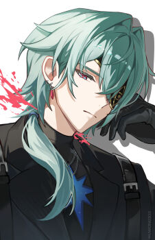 Rule 34 | 1boy, anaxa (honkai: star rail), black gloves, black jacket, black shirt, commentary, ear piercing, english commentary, eyepatch, frown, gloves, green eyes, green hair, highres, hole in chest, hole on body, holster, honkai: star rail, honkai (series), jacket, looking at viewer, male focus, piercing, ponytail, shadow, shirt, sidelocks, simple background, solo, twitter username, uwon, white background