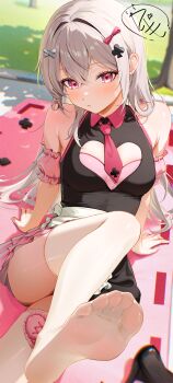 1girl arm_support bare_arms black_dress blurry blush breasts cleavage collared_dress day depth_of_field dress grass grey_hair hair_between_eyes hair_ornament highres long_hair looking_at_viewer necktie no_shoes original outdoors pantyhose parted_lips pink_necktie radoremo red_eyes shadow sitting soles thighhighs toes tree white_background white_thighhighs x_hair_ornament