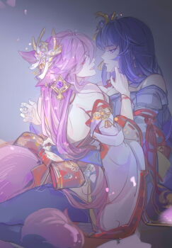 2girls animal_ear_piercing animal_ears back back_bow bare_shoulders blunt_bangs blurry bow braid breast_press breasts bridal_gauntlets chinese_commentary cleavage closed_mouth couple depth_of_field detached_collar detached_sleeves eyeliner face-to-face fox_ears fox_girl bad_tag from_behind from_side genshin_impact girl_on_top gradient_background grey_background hair_between_eyes hair_ornament hand_on_another's_back hand_on_another's_chin head_tilt headpiece highres hug huge_breasts indoors japanese_clothes kimono large_breasts leaning_on_person light_particles long_braid long_hair long_sleeves looking_at_another makeup mitsudomoe_(shape) multiple_girls neck_ribbon off_shoulder pink_hair pink_nails purple_eyeliner purple_eyes purple_hair purple_kimono purple_nails purple_thighhighs raiden_shogun red_eyeliner red_ribbon red_sash ribbon sash shade shadow single_braid sitting sitting_on_person smile teeth thighhighs tomoe_(symbol) wide_sleeves yae_miko yui1874 yuri