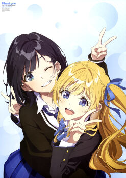 2girls :d absurdres anime_coloring black_cardigan black_hair blazer blonde_hair blue_bow blue_bowtie blue_eyes blue_necktie blue_skirt bow bowtie cardigan chitose-kun_wa_ramune_bin_no_naka clenched_teeth collared_shirt copyright_name copyright_notice hair_intakes highres hiiragi_yuuko jacket kinoshita_sumie long_hair long_sleeves looking_at_viewer magazine_scan medium_hair multiple_girls nanase_yuzuki necktie newtype official_art open_mouth plaid_clothes plaid_skirt pleated_skirt scan school_uniform shirt skirt smile standing teeth third-party_source upper_body v wing_collar