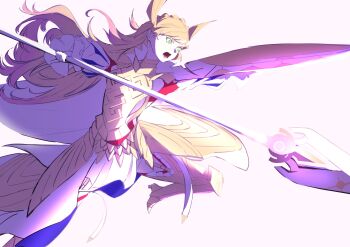 1girl absurdres attack blonde_hair braid crown_braid fire_emblem fire_emblem_heroes hair_ornament highres holding holding_polearm holding_shield holding_weapon leg_armor long_hair nintendo official_alternate_costume pokomi_9 polearm sharena_(borrowed_divinity)_(fire_emblem) sharena_(fire_emblem) shield solo weapon wing_hair_ornament