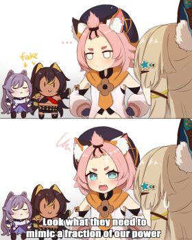... 2koma 4girls 4koma :> animal_ear_fluff animal_ears annoyed aqua_eyes beret black_hair blank_eyes blonde_hair blush bright_pupils cat_ears cat_girl chibi closed_eyes comic commentary dark-skinned_female dark_skin dehya_(genshin_impact) detached_sleeves diffraction_spikes diona_(genshin_impact) english_commentary english_text eyelashes fang forehead full_body genshin_impact hair_intakes hair_ornament hand_on_own_hip hat highres invincible_(series) keqing_(genshin_impact) kirara_(genshin_impact) looking_at_another looking_at_viewer meme mockingeu multiple_girls navel open_mouth orange_scarf pink_hair purple_hair scarf scene_reference simple_background standing sweatdrop tongue upper_body white_background